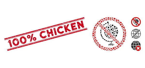 Grunge 100% linha de frango selo e colagem sem ícone modelo de globo —  Vetores de Stock