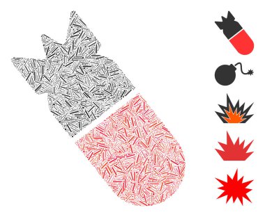 Mozaik, havacılık bomba ikonuna dayanıyor. Mozaik vektör havacılık bombası dağınık çizgi benekleriyle oluşturuldu. İkramiye simgeleri eklendi.