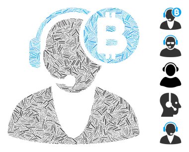 Bitcoin operatör simgesine dayanan Hatch Mozaik. Mozaik vektör Bitcoin operatörü rastgele kapak elementleriyle oluşur. İkramiye simgeleri eklendi.