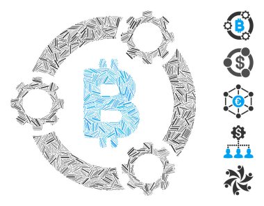 Bitcoin havuz işbirliği ikonuna dayalı Line Mozaiği. Mozaik vektör Bitcoin havuz işbirliği rastgele çizgi elementleriyle tasarlanmıştır. İkramiye simgeleri eklendi.