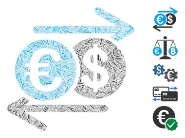 Dolar Euro takas simgesine dayanan Dash Mozaik. Mozaik vektörü Dollar Euro değişimi rastgele tire noktalarıyla oluşturulur. İkramiye simgeleri eklendi.