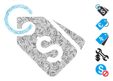 Dolar fiyat etiketleri simgesine dayalı kapak kolajı. Mozaik vektör dolar fiyat etiketleri rastgele ambar elementleriyle tasarlanmıştır. İkramiye simgeleri eklendi.