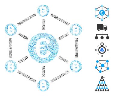 Euro Bitcoin ağ simgesine dayanan Çizgi Kolajı. Mozaik Euro Bitcoin ağı dağınık çizgi elementleriyle oluşturulmuştur. İkramiye simgeleri eklendi.