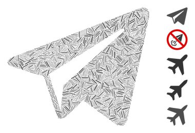 Serbest çalışan kağıt uçak ikonuna dayanan bir çizgi mozaiği. Mozaik vektör serbest kağıt düzlemi dağınık çizgi noktalarıyla oluşturulur. İkramiye simgeleri eklendi.