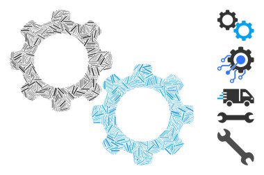 Çizgi Kolajı mekanik vites simgesine dayanır. Mozaik vektör mekanik dişliler rastgele çizgi ögeleriyle oluşur. İkramiye simgeleri eklendi.