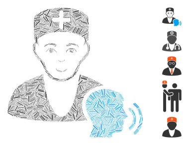 Psikoterapist doktor ikonuna dayanan bir çizgi mozaiği. Mozaik vektör psikoterapist doktor ziyareti rastgele çizgilerle tasarlanmıştır. İkramiye simgeleri eklendi.