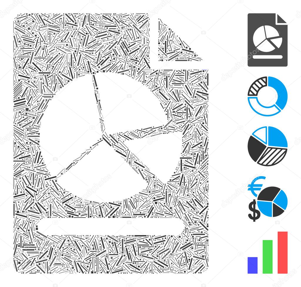Dash Mosaic based on pie chart report page icon. Mosaic vector pie chart report page is designed with randomized dash dots. Bonus icons are added.