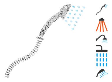 Duş ikonuna dayalı Dash Mozaik. Mozaik vektör duşu rastgele çizgi elementleriyle oluşur. İkramiye simgeleri eklendi.