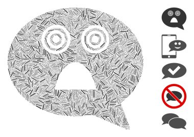 Korkmuş gülen mesaj ikonuna dayanan bir çizgi mozaiği. Mozaik vektör, gülen mesajın rastgele çizgi noktalarıyla oluştuğundan korkuyor. İkramiye simgeleri eklendi.