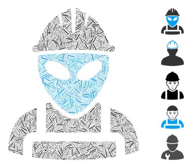 Yabancı işçi simgesine dayanan çizgi kolajı. Mozaik vektör uzaylı işçi dağınık çizgi noktalarıyla yaratılıyor. İkramiye simgeleri eklendi.