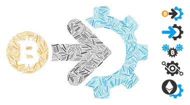 Bitcoin entegrasyon dişlisi ikonuna dayalı Dash Mozaik. Mozaik vektör Bitcoin entegrasyon teçhizatı dağınık tire parçalarından oluşur. İkramiye simgeleri eklendi.