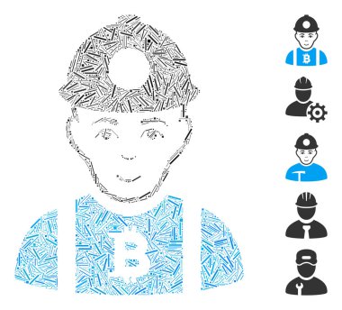 Bitcoin madenci ikonuna dayanan Dash Mozaik. Mozaik vektör Bitcoin madencisi rastgele tire ögeleri ile oluşur. İkramiye simgeleri eklendi.