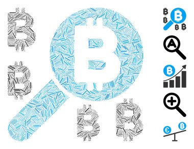 Dash Mosaic based on Bitcoin search icon. Mosaic vector Bitcoin search is designed with randomized dash spots. Bonus icons are added. clipart