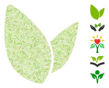 Bitki yaprağı ikonuna dayalı Dash Mozaik. Mozaik vektör bitki yaprakları rastgele çizgilerle oluşturulur. İkramiye simgeleri eklendi.