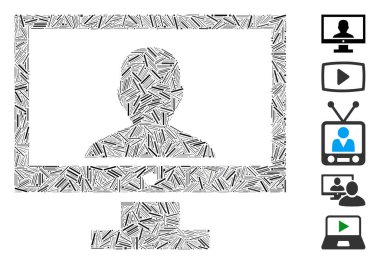 Mozaik 'i video blogcusu PC simgesine göre ayarla. Mozaik vektör video blogcusu PC dağınık kapak ögeleri ile oluşturulur. İkramiye simgeleri eklendi.