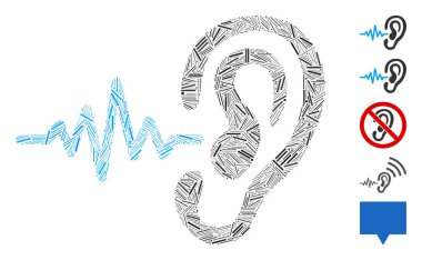 Hatch Mozaik, işitme sinyali simgesine dayanıyor. Mozaik vektör işitme ses sinyali rastgele tire elementleriyle oluşur. İkramiye simgeleri eklendi.