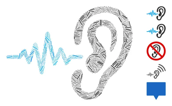 Hatch Mozaik, işitme sinyali simgesine dayanıyor. Mozaik vektör işitme ses sinyali rastgele tire elementleriyle oluşur. İkramiye simgeleri eklendi.