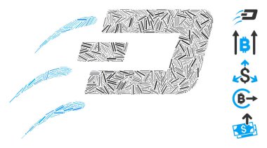 Dash simgesini gönderme üzerine mozaik. Mozaik vektör gönderimi Dash dağınık çizgi elementleriyle oluşturuldu. İkramiye simgeleri eklendi.