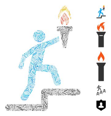 Meşale ikonlu liderden esinlenilmiş Dash Mozaik. Meşaleli mozaik vektör lideri dağınık çizgi elementleriyle oluşur. İkramiye simgeleri eklendi.