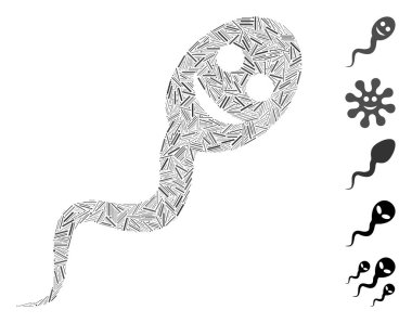 Mutlu spermatozoon ikonuna dayalı Dash Mozaik. Mozaik mutlu spermatozoon vektörü rastgele tire ögeleri ile oluşturulur. İkramiye simgeleri eklendi.