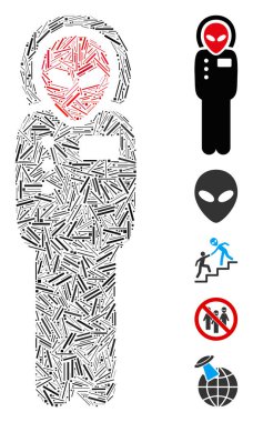 Uzaylı ziyaretçi uzay giysisi ikonuna dayanan bir çizgi mozaiği. Mozaik vektör uzaylı uzay giysisi rastgele çizgi öğeleriyle oluşturulur. İkramiye simgeleri eklendi.