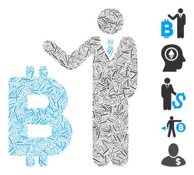 Bitcoin bankacısı ikonuna dayanan bir çizgi mozaiği. Mozaik vektör Bitcoin bankacısı dağınık çizgi elementleriyle yaratılır. İkramiye simgeleri eklendi.
