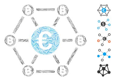 Bitcoin Euro net yapı ikonuna dayanan Dash Mozaik. Mozaik vektörü Bitcoin Euro net yapısı rastgele çizgi noktalarıyla oluşturulmuştur. İkramiye simgeleri eklendi.