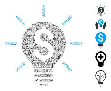 Mozaik, iş fikri ampul ikonuna dayanıyor. Mozaik vektör iş fikri ampulü rastgele çizgi elementleriyle oluşturulur. İkramiye simgeleri eklendi.