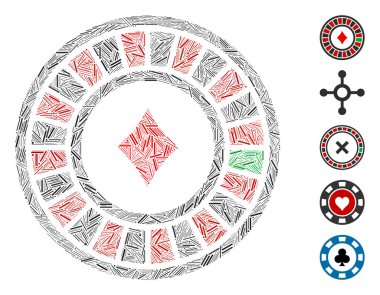 Kumarhane ruleti ikonuna dayanan Dash Mozaik. Mozaik vektör kumarhane ruleti dağınık çizgi elementleriyle oluşturulur. İkramiye simgeleri eklendi.