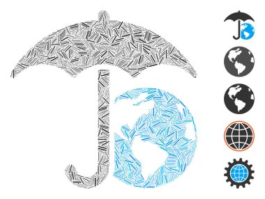 Dünya şemsiye ikonuna dayalı Hatch Mozaiği. Mozaik Dünya vektörü şemsiyesi rastgele ambar elementleriyle oluşturulur. İkramiye simgeleri eklendi.