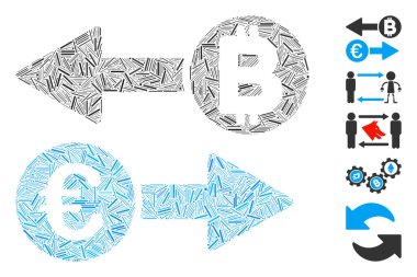 Avrupa Bitcoin takas simgesine dayanan Dash Mozaik. Mozaik vektörü Euro Bitcoin değişimi rastgele tire elementleriyle oluşturulur. İkramiye simgeleri eklendi.