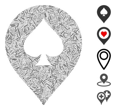 Maça kumarhane simgesine dayalı Hatch Mozaik. Mozaik vektör kürek kumarhane işareti dağınık çizgi elementleriyle oluşturulur. İkramiye simgeleri eklendi.