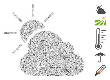 Güneş hava durumu ikonuna dayalı Dash Mozaik. Mozaik vektör güneş havası dağınık çizgi noktalarıyla oluşmuştur. İkramiye simgeleri eklendi.