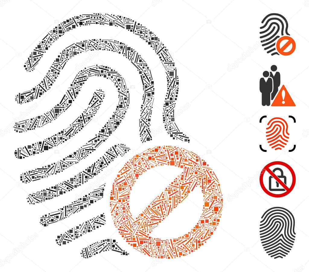 Line Mosaic based on banned fingerprint icon. Mosaic vector banned fingerprint is formed with scattered line elements. Bonus icons are added.