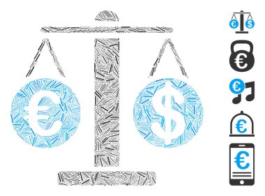 Avrupa ve Dolar ölçeklendirme simgesine dayalı bir çizgi kolajı. Mozaik Euro ve Dolar ölçekleri rastgele çizgi elementleriyle oluşturulur. İkramiye simgeleri eklendi.