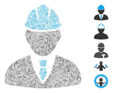 Mühendis simgesine dayalı Dash Mozaik. Mozaik vektör mühendisi dağınık tire parçalarıyla yaratılır. İkramiye simgeleri eklendi.