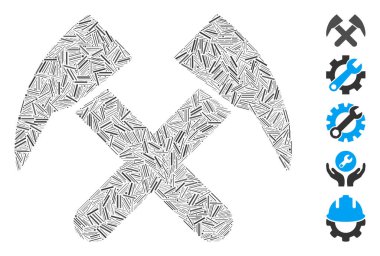 Dash Mozaik, iş çekici ikonuna dayalı. Mozaik vektör çekiçleri rastgele çizgi elementleriyle oluşturulur. İkramiye simgeleri eklendi.