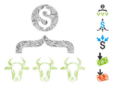 Sığırlara dayalı Hatch Mozaik para ikonu. Mozaik sığır vektörü para rastgele ambar elementleriyle oluşturulur. İkramiye simgeleri eklendi.