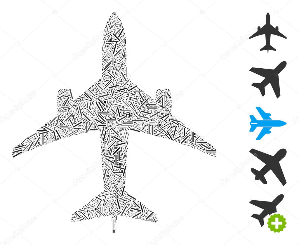 Line Mosaic based on jet plane icon. Mosaic vector jet plane is composed with randomized line elements. Bonus icons are added.
