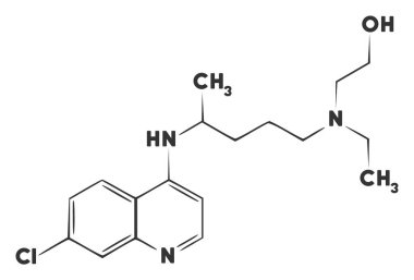 Raster hidrokloroksin formülü düz simge. Raster pictogram biçimi, beyaz arkaplandaki hidroklorokin formülünün düz bir sembolüdür..