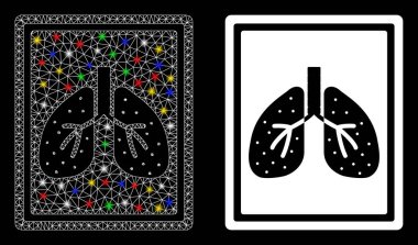 Işık lekesi efektli parlak ciğer florografisi. Ciğerlerin florografi ikonunun soyut aydınlatma modeli. Beyaz kablo iskeleti çokgen ağ akciğerleri florografi ve temel simge.