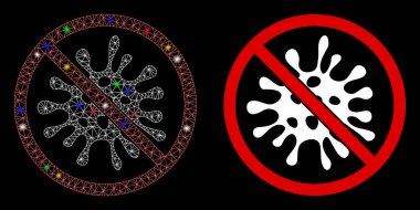 Parlak efektli virüs enfeksiyonunu engelleyen parlak ağ. Virüs enfeksiyonunu durdurmanın soyut bir modeli. Beyaz kablo iskeleti çokgen ağ virüs enfeksiyonunu ve temel simgeyi durdurur.