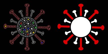 Işıl ışıl parlayan koronavirüs. Koronavirüs ikonunun soyut aydınlatılmış modeli. Beyaz tel çerçeve çokgen ağ koronavirüsü ve temel simge. Siyah arkaplanda vektör soyutlaması.