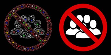 Parlak örgü insanları parıltılı efektlerle durdurur. Kalabalık ikonunu durdurmak için soyut aydınlatılmış bir model. Beyaz kablo iskeleti, üçgen örgü. Kalabalığı ve temel simgeyi durdur..