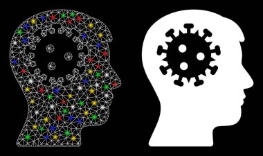 Işık lekesi etkisine sahip zihinsel koronavirüsü alevlendir. Zihinsel koronavirüs ikonunun soyut aydınlatılmış modeli. Beyaz kablo iskeleti, üçgen ağ, zihinsel koronavirüs ve temel simge..