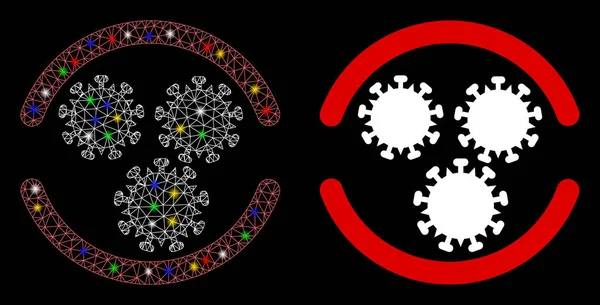 ライトスポット効果のフレアメッシュウイルスコンテナ 概要ウイルスコンテナアイコンの照明モデル ホワイトワイヤーフレーム 三角形メッシュウイルスコンテナとベースアイコン — ストックベクタ