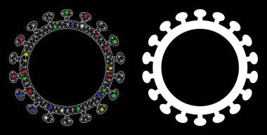 Parıltılı ağ virüsü kabuğu, simli efektli. Virüs kabuk simgesinin soyut aydınlatılmış modeli. Beyaz kablo iskeleti çokgen ağ virüsü kabuğu ve temel simge. Siyah arkaplanda vektör soyutlaması.