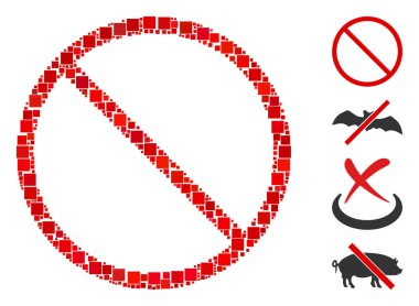 Mozaik Yasak simgesi farklı boyutlarda ve renklerde kare ögelerden düzenlenmiştir. Vektör kare ögeleri soyut illüstrasyon yasaklı ikon olarak birleştirilir. İkramiye simgeleri yerleştirildi.