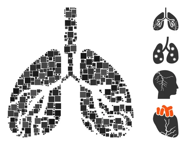 Mozaika Płuca Rak Ikona Zjednoczona Kwadratowych Elementów Różnych Rozmiarach Odcieniach — Wektor stockowy