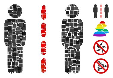 Değişken boyutlarda ve renk renklerinde kare ögelerden düzenlenmiş kolaj sosyal izolasyon simgesi. Vektör kare ögeleri soyut kolaj sosyal izolasyon ikonu olarak gruplandırılır. İkramiye piktogramları eklendi.